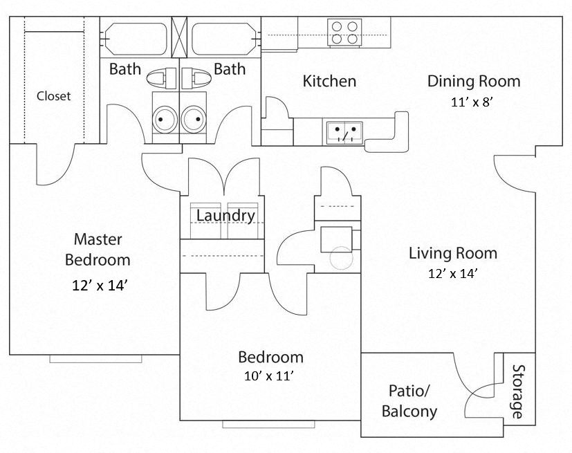 Floor plan for 2 beds, 2 baths, 970 sqft